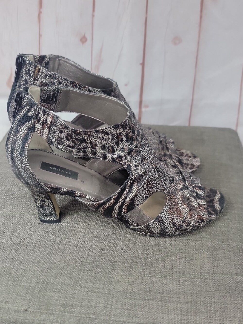 Array Women's Snake-Print Peep-Toe Heels in Black and Brown Tones - Picture 5 of 7